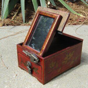 Vintage Chinese Red Lacquer Vanity Jewelry Box with Mirror & Dragon Motif